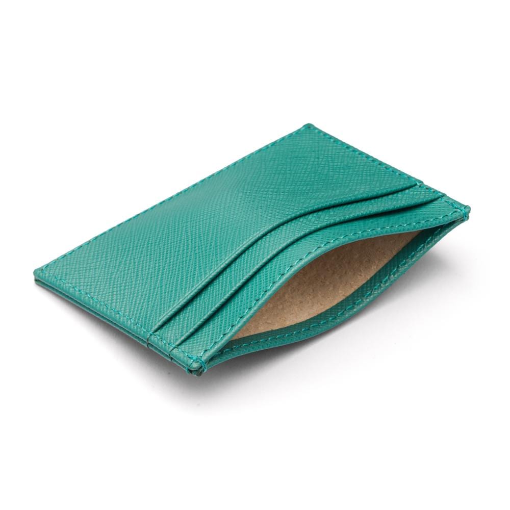 Flat leather credit card wallet 4 CC, teal saffiano, inside