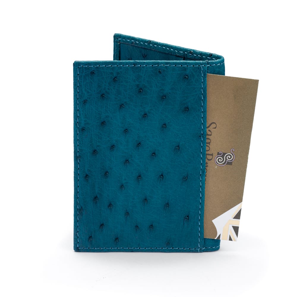 Slim Real Ostrich Leather Bifold Card Wallet with RFID, Teal, back