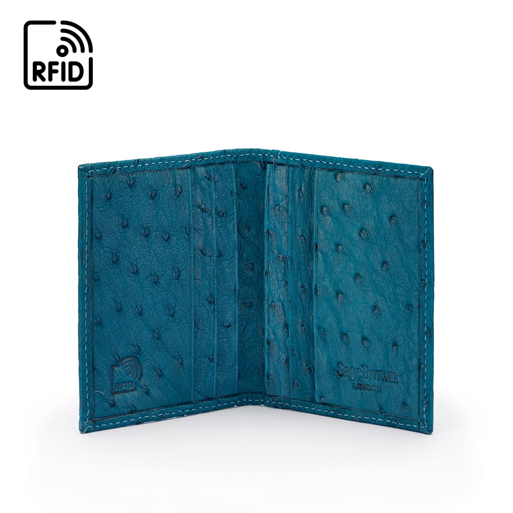 Slim Real Ostrich Leather Bifold Card Wallet with RFID, Teal, inside