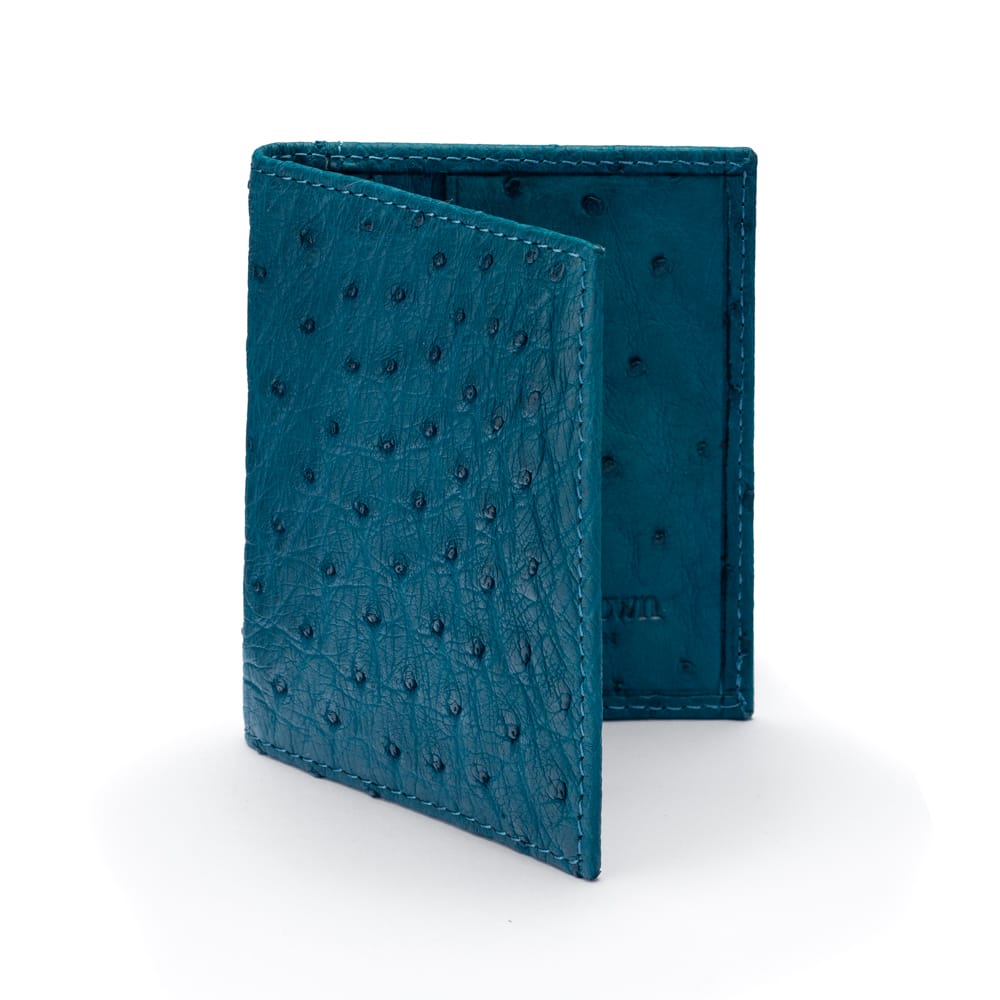 Slim Real Ostrich Leather Bifold Card Wallet with RFID, Teal, front