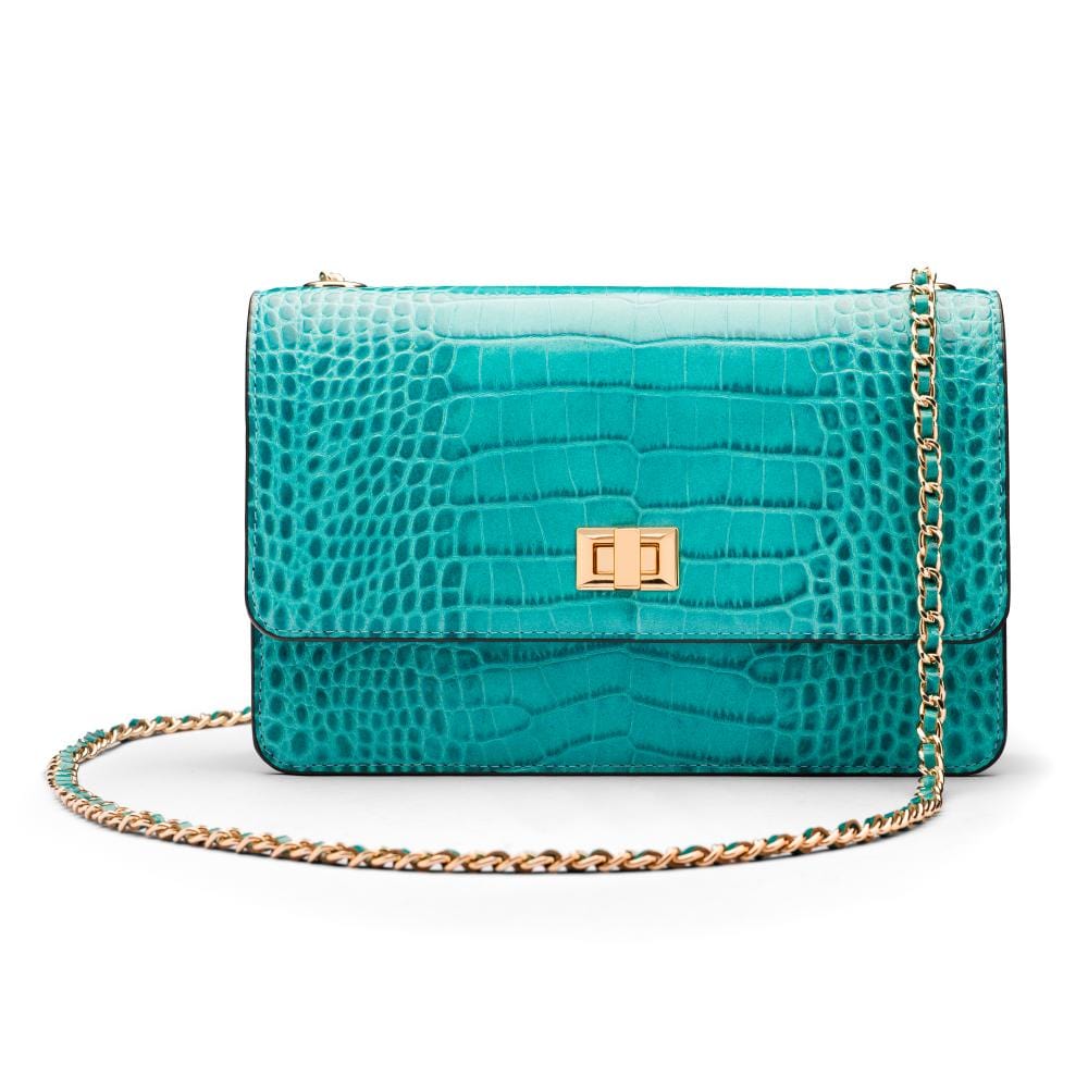 Leather chain bag, turquoise croc, front