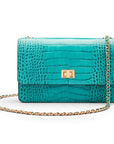 Leather chain bag, turquoise croc, front