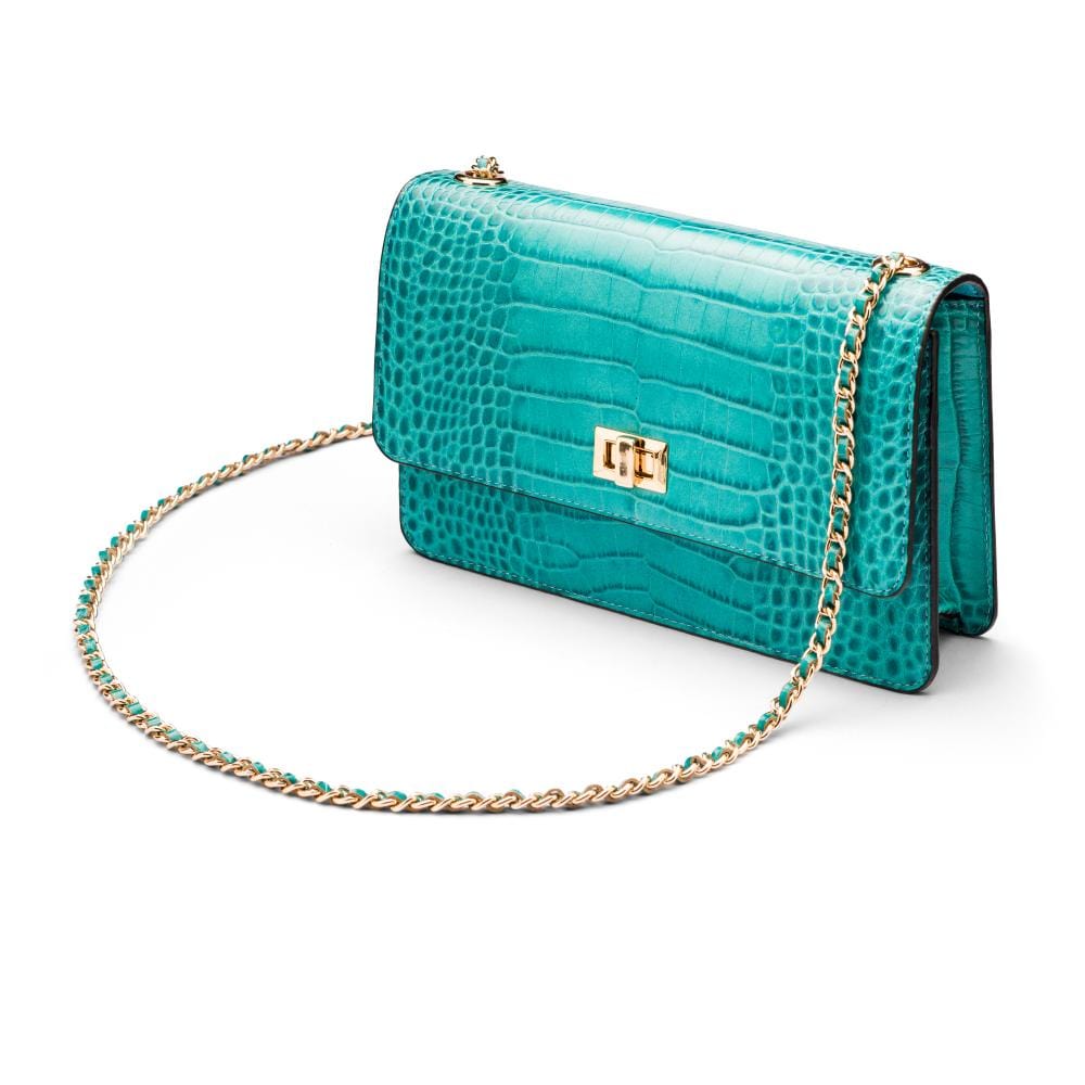 Leather chain bag, turquoise croc, side