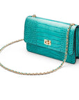 Leather chain bag, turquoise croc, side