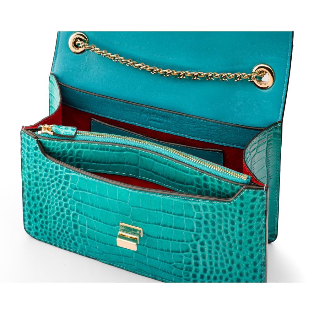 Leather chain bag, turquoise croc, inside