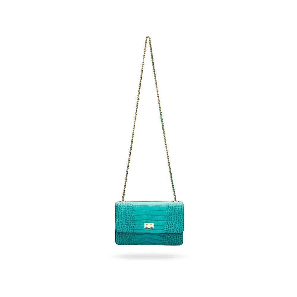 Leather chain bag, turquoise croc, with long chain strap