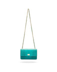 Leather chain bag, turquoise croc, with long chain strap