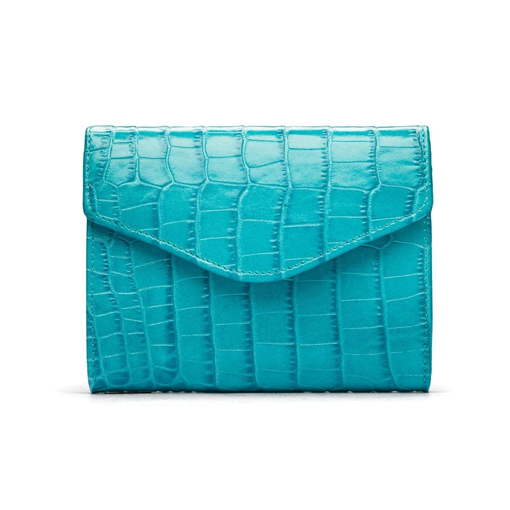Large leather purse with 15 CC, turquoise croc, front