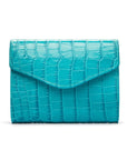 Large leather purse with 15 CC, turquoise croc, front