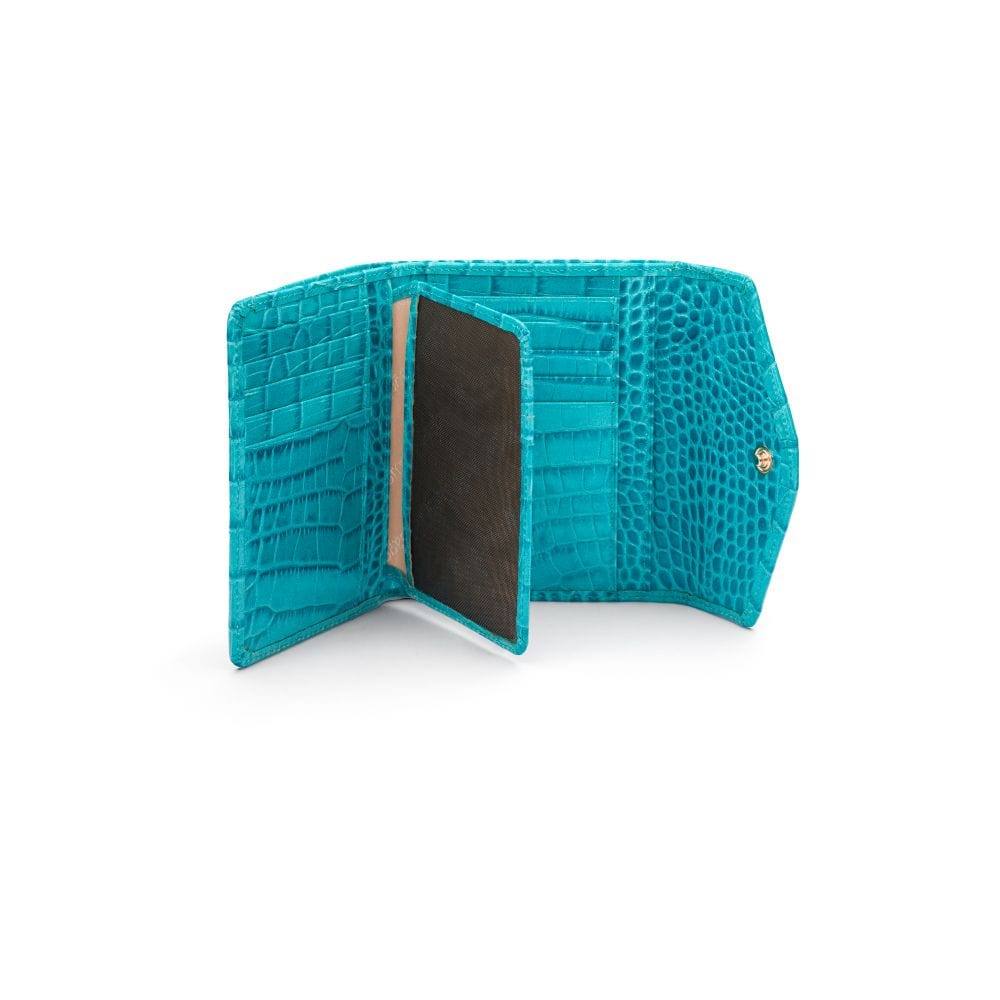 Large leather purse with 15 CC, turquoise croc, inside