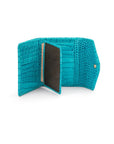 Large leather purse with 15 CC, turquoise croc, inside