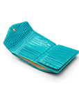 Large leather purse with 15 CC, turquoise croc, open