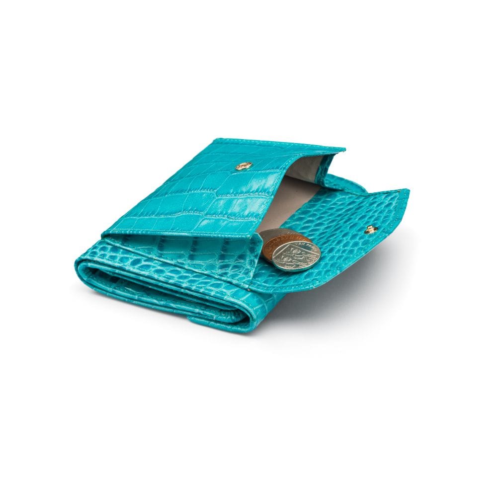 Large leather purse with 15 CC, turquoise croc, with coin purse