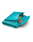 Large leather purse with 15 CC, turquoise croc, with coin purse