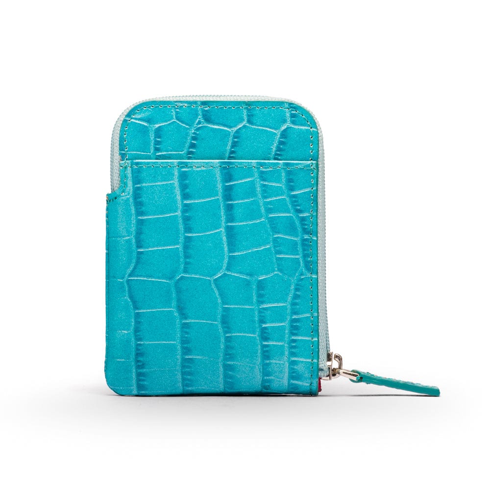 Leather card case with zip, turquoise croc, front