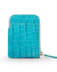 Leather card case with zip, turquoise croc, front