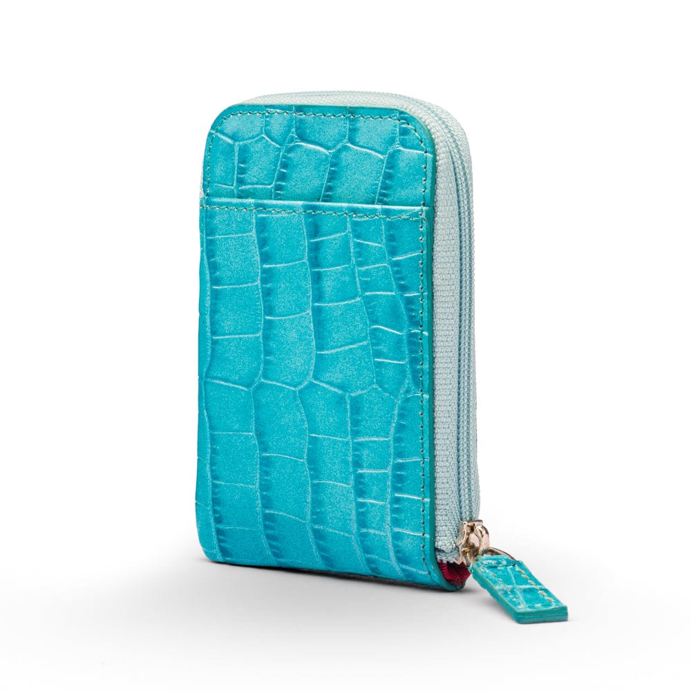 Leather card case with zip, turquoise croc, front view