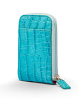 Leather card case with zip, turquoise croc, front view