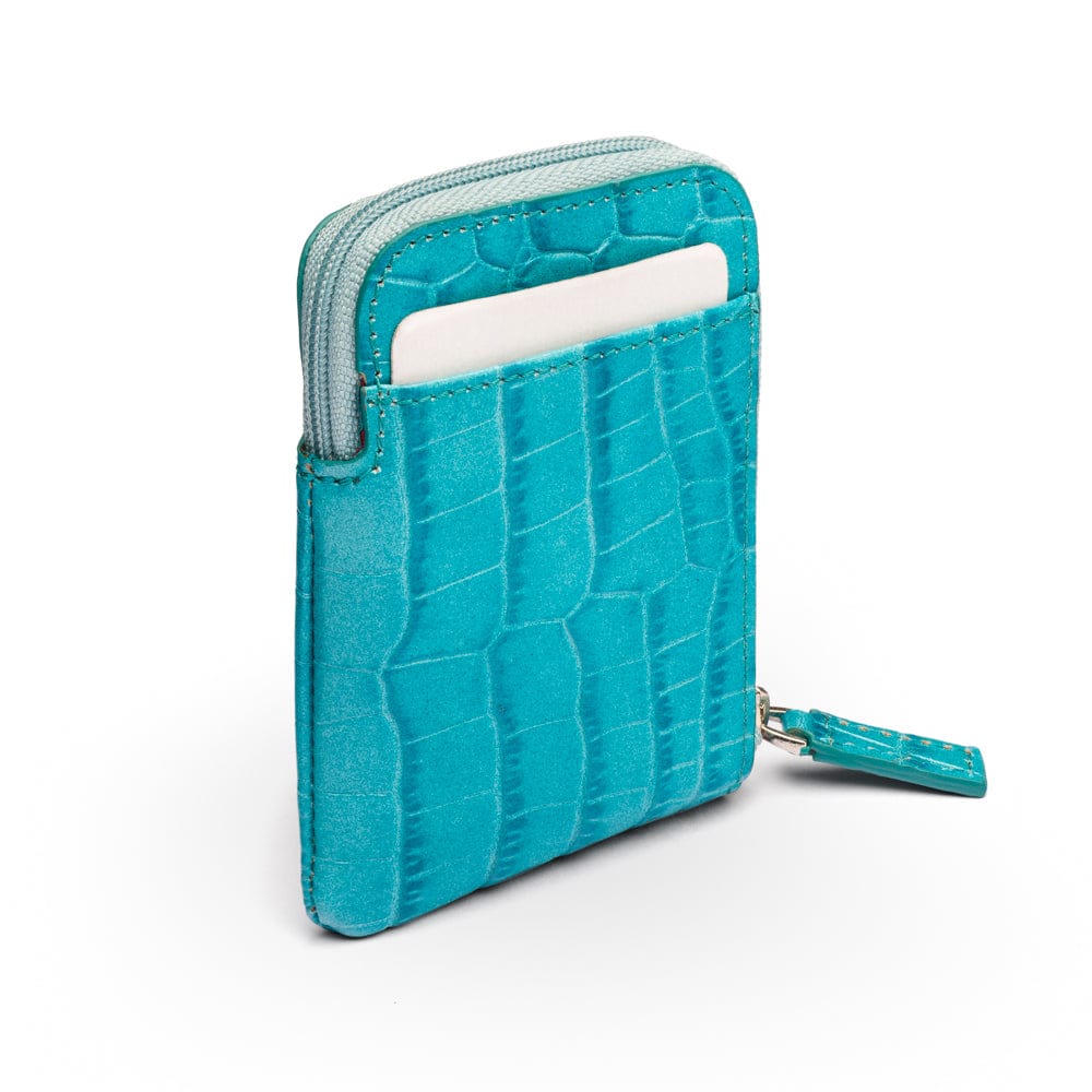 Leather card case with zip, turquoise croc, back