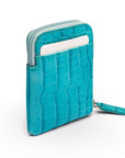 Leather card case with zip, turquoise croc, back