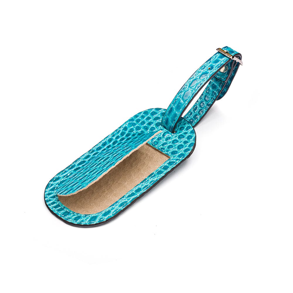 Leather luggage tag, turquoise croc, front open