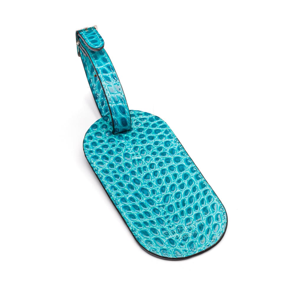 Leather luggage tag, turquoise croc, back