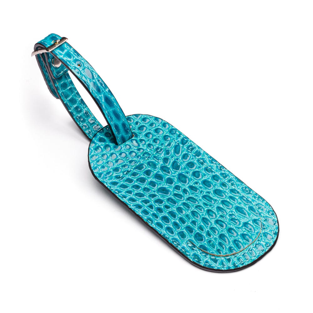 Leather luggage tag, turquoise croc, front