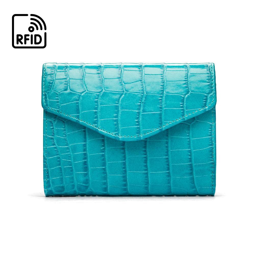 RFID Large leather purse with 15 CC, turquoise croc, front