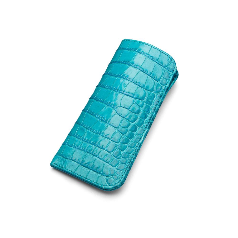 Small leather glasses case, turquoise croc, front