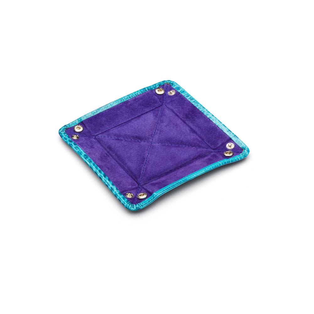 Small leather valet tray, turquoise croc, flat