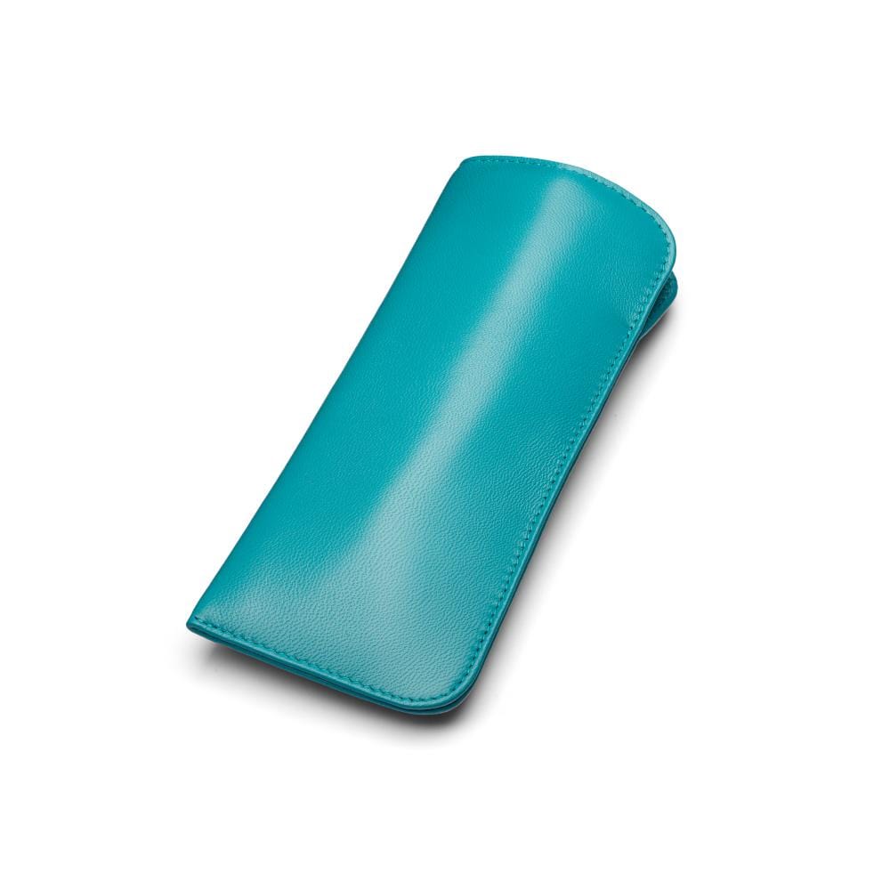 Large leather glasses case. soft turquoise, front