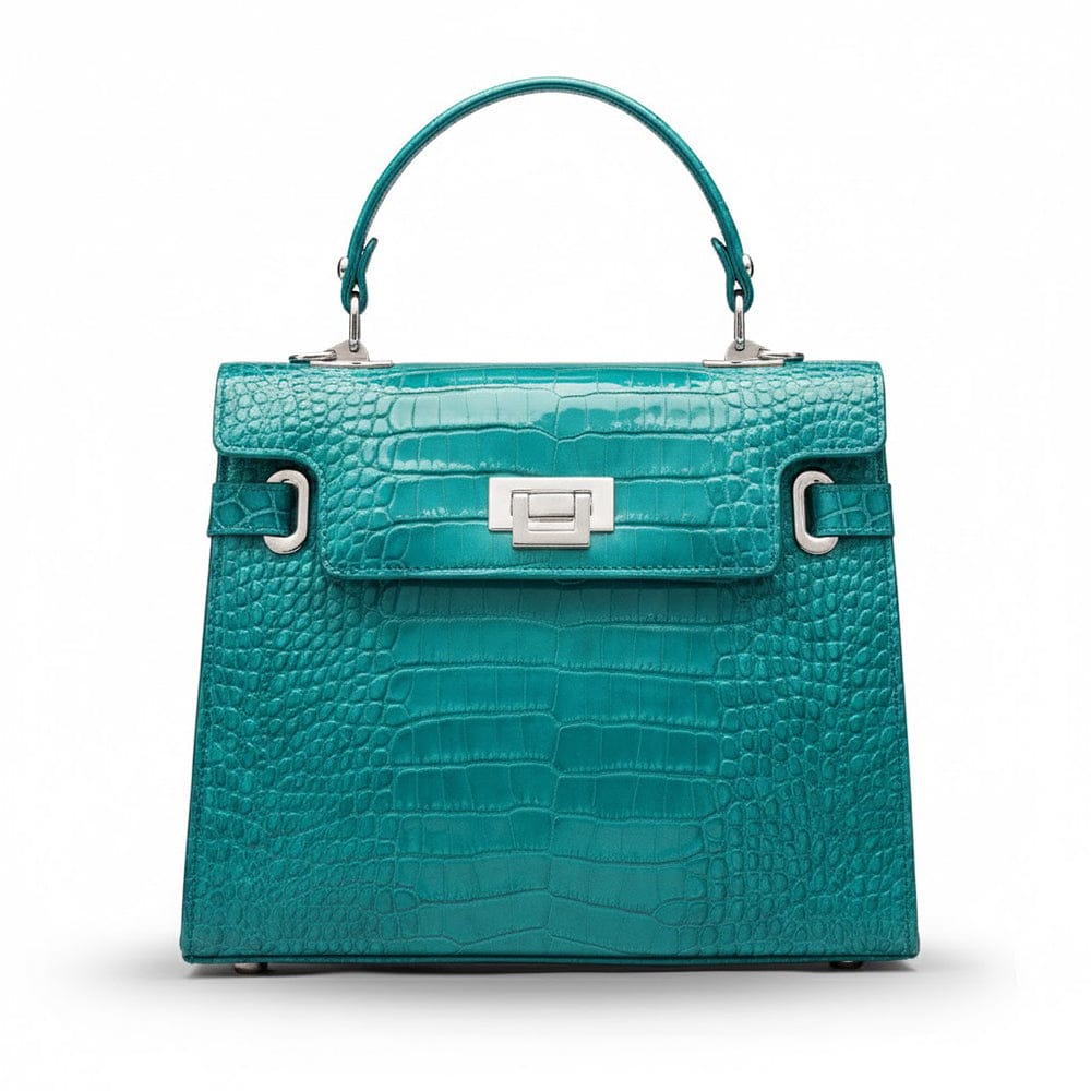 Leather Catherine top handle bag, turquoise patent croc, front