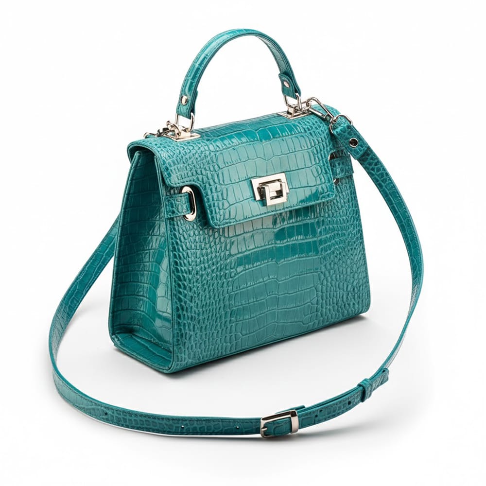 Leather Catherine top handle bag, turquoise patent croc, with shoulder strap