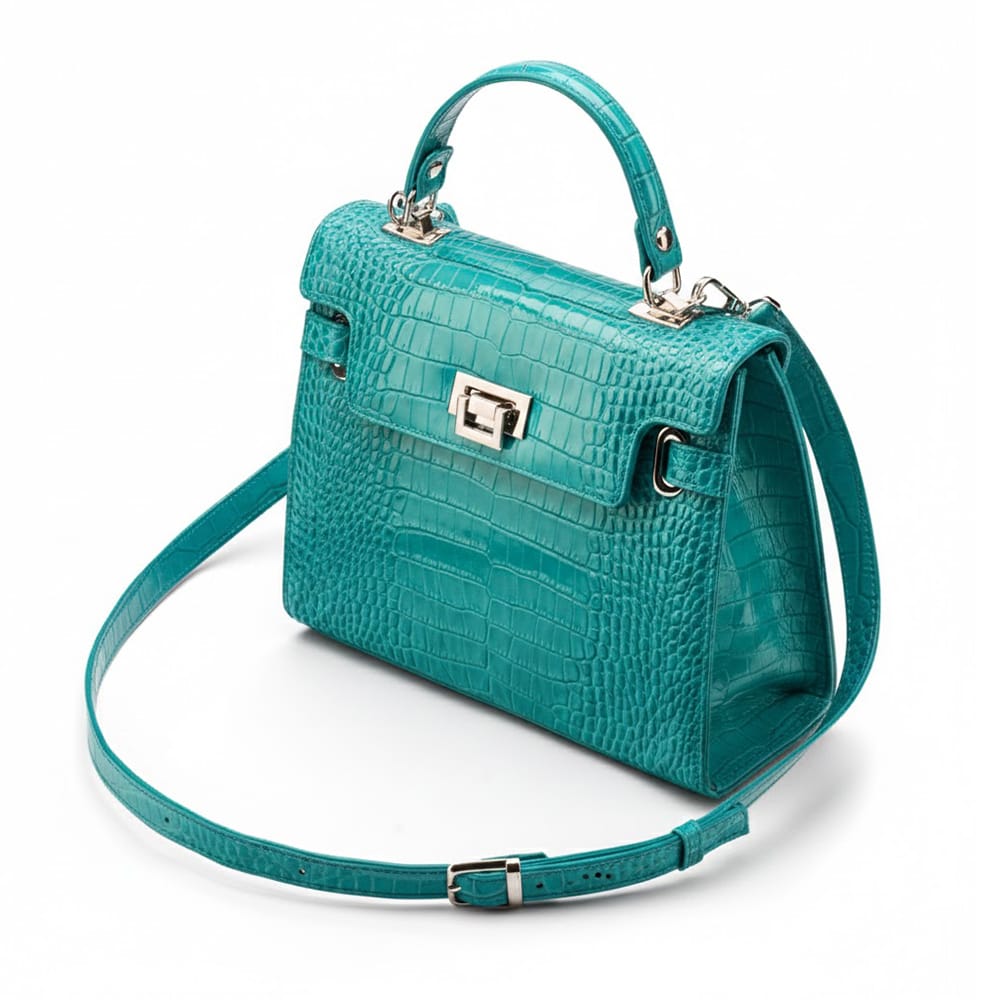 Leather Catherine top handle bag, turquoise patent croc, side