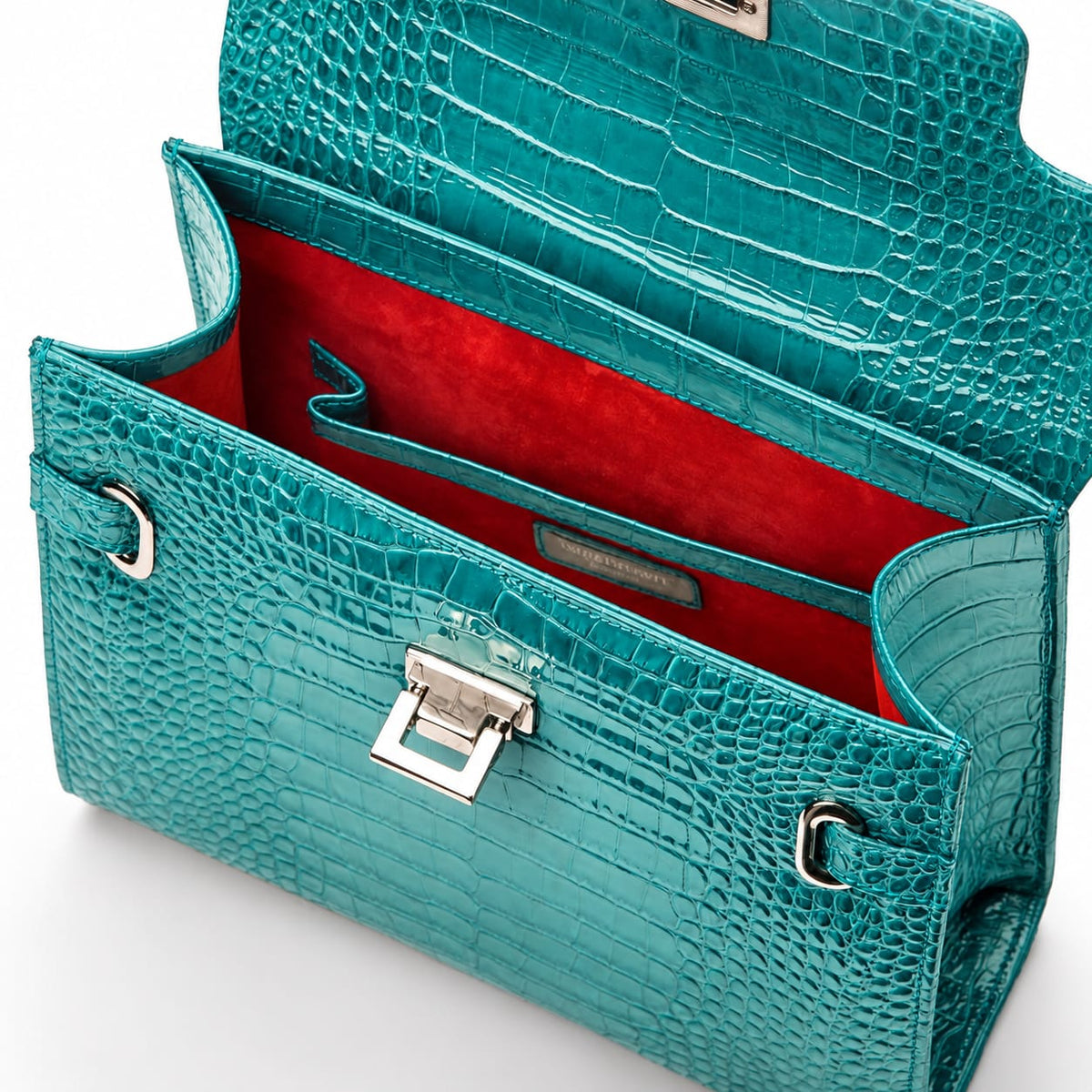 Leather Catherine top handle bag, turquoise patent croc, inside