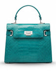 Leather Catherine bag, turquoise patent croc, front