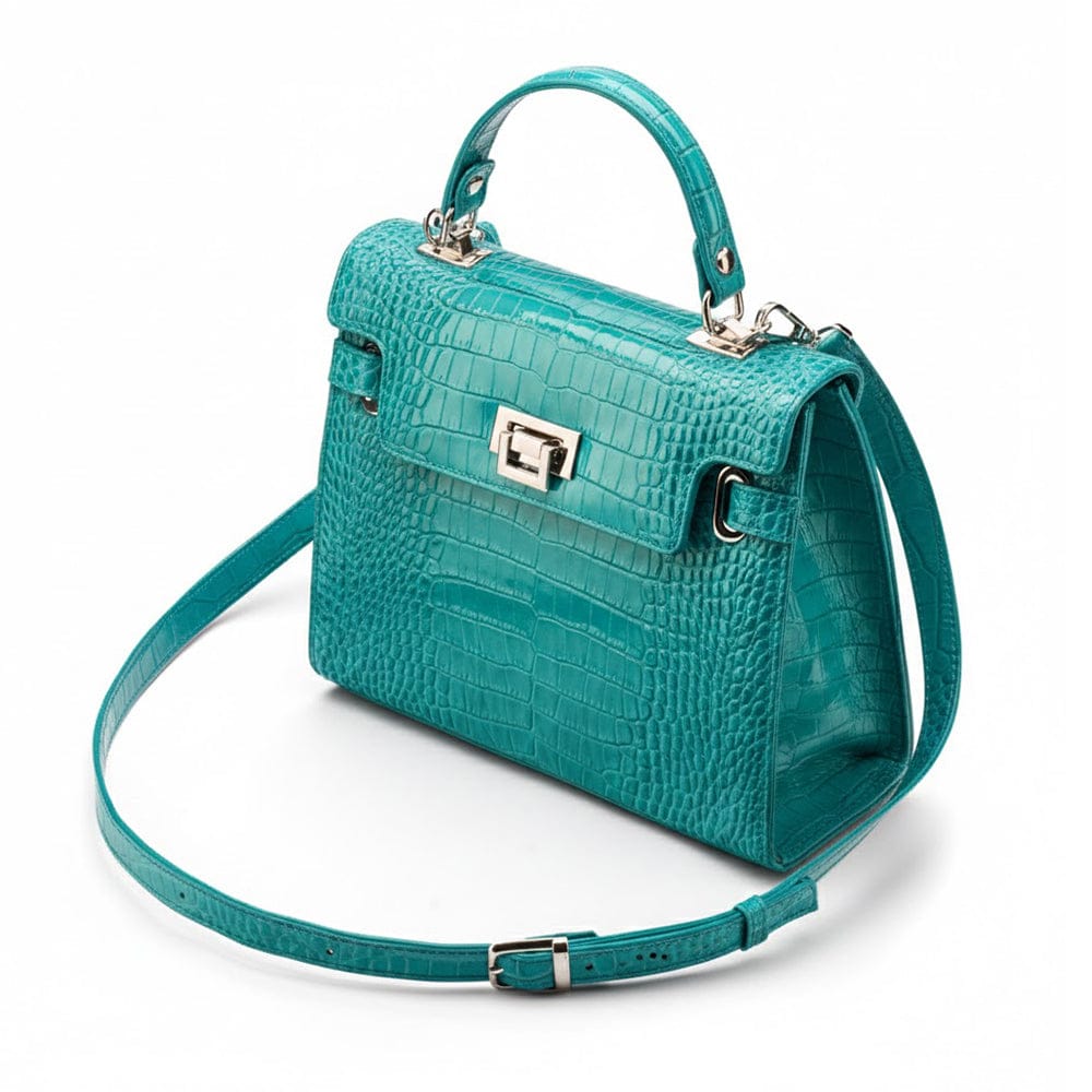 Leather Catherine bag, turquoise patent croc, side