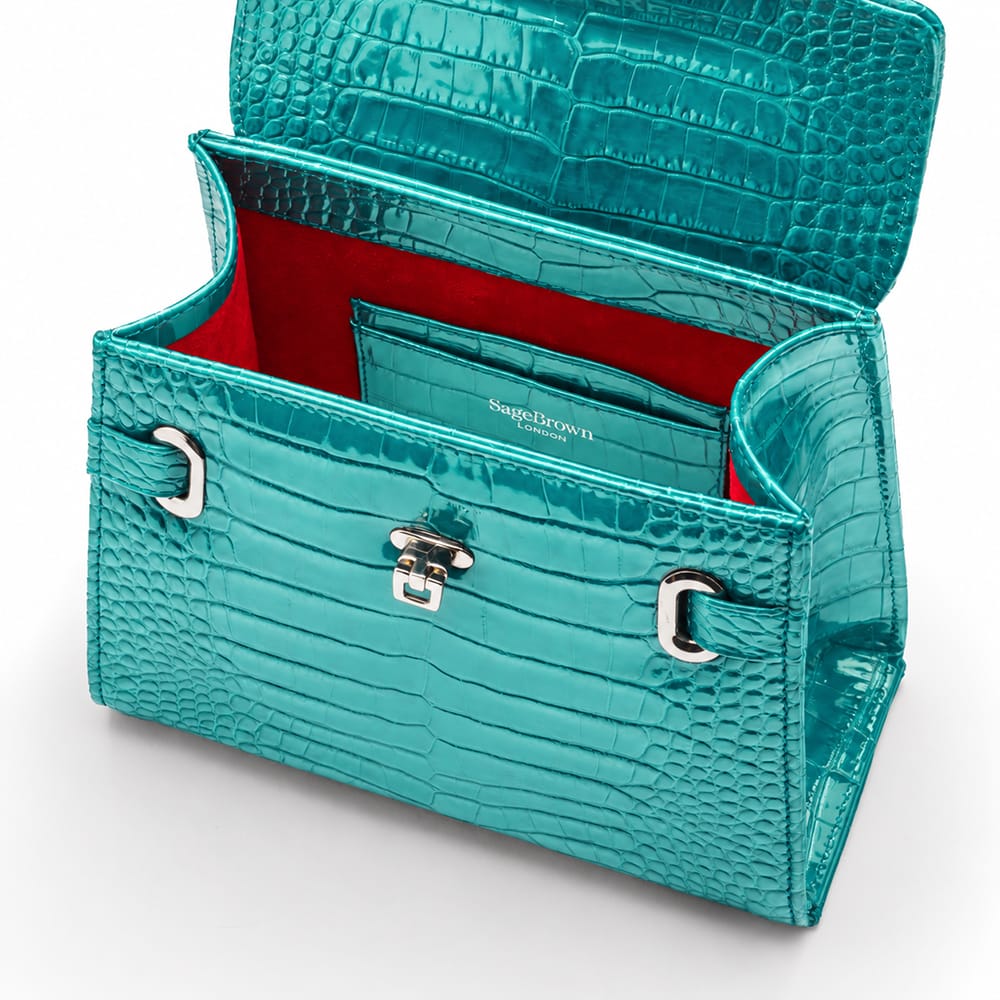 Leather Catherine bag, turquoise patent croc, inside