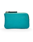 Miniature leather coin purse with key chain, turquoise, front