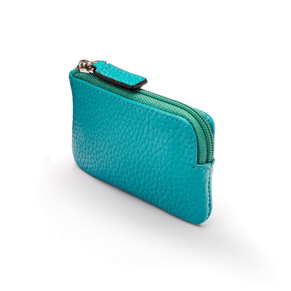 Miniature leather coin purse with key chain, turquoise, top