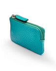 Miniature leather coin purse with key chain, turquoise, top