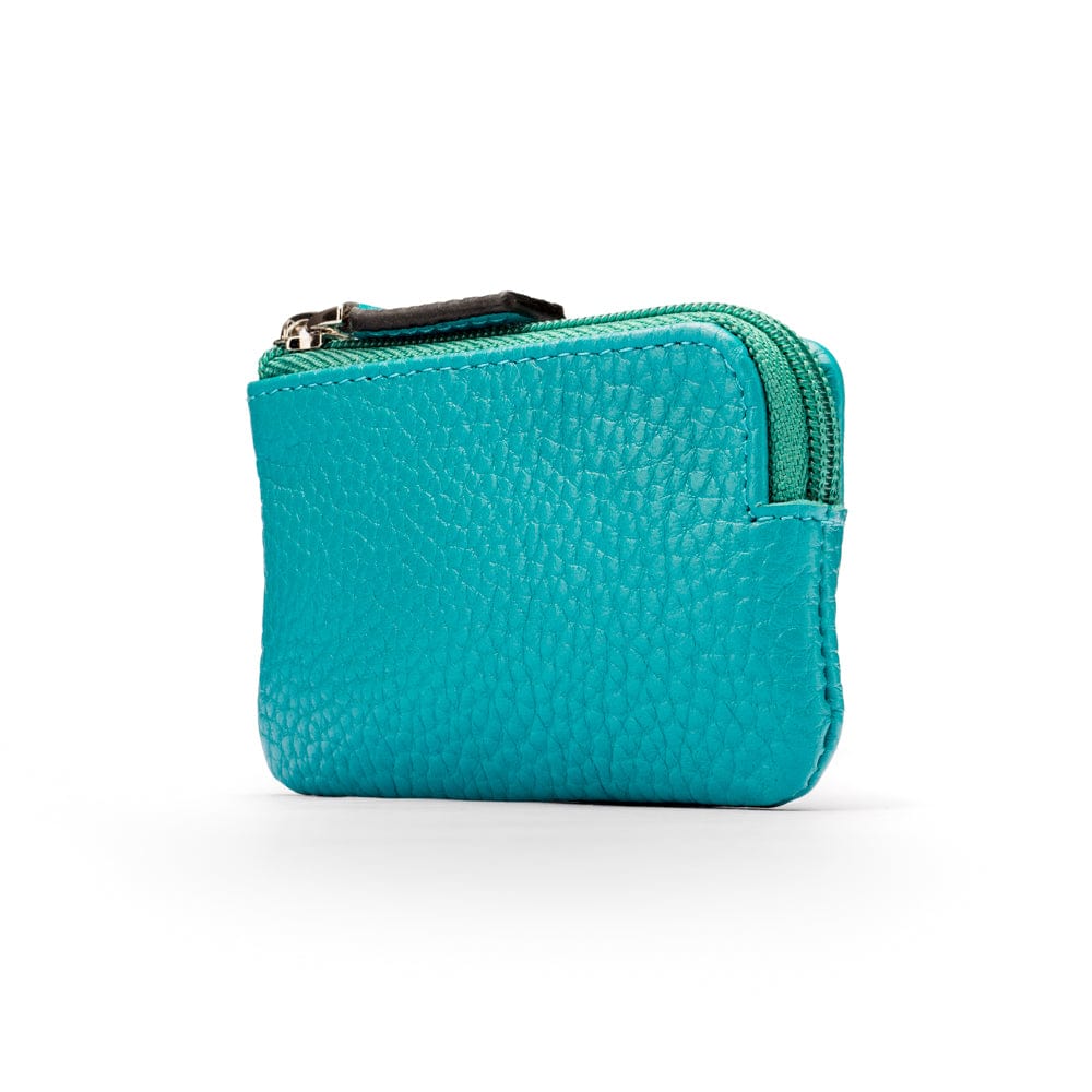 Miniature leather coin purse with key chain, turquoise, side