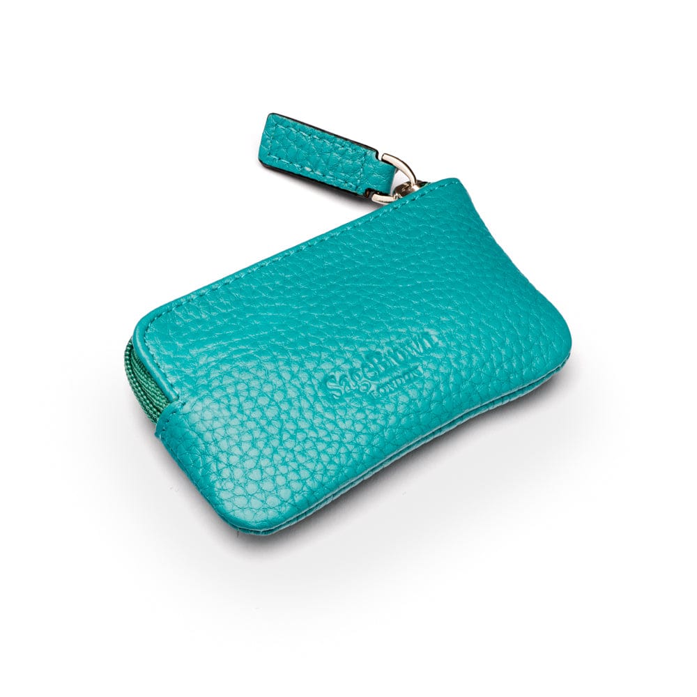 Miniature leather coin purse with key chain, turquoise, back