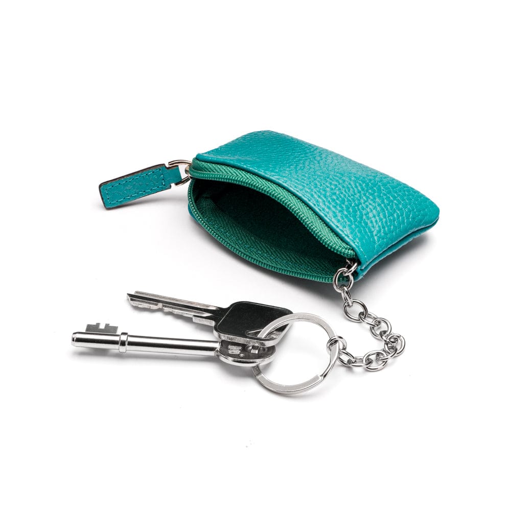 Miniature leather coin purse with key chain, turquoise, inside