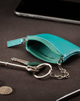 Miniature leather coin purse with key chain, turquoise, lifestyle