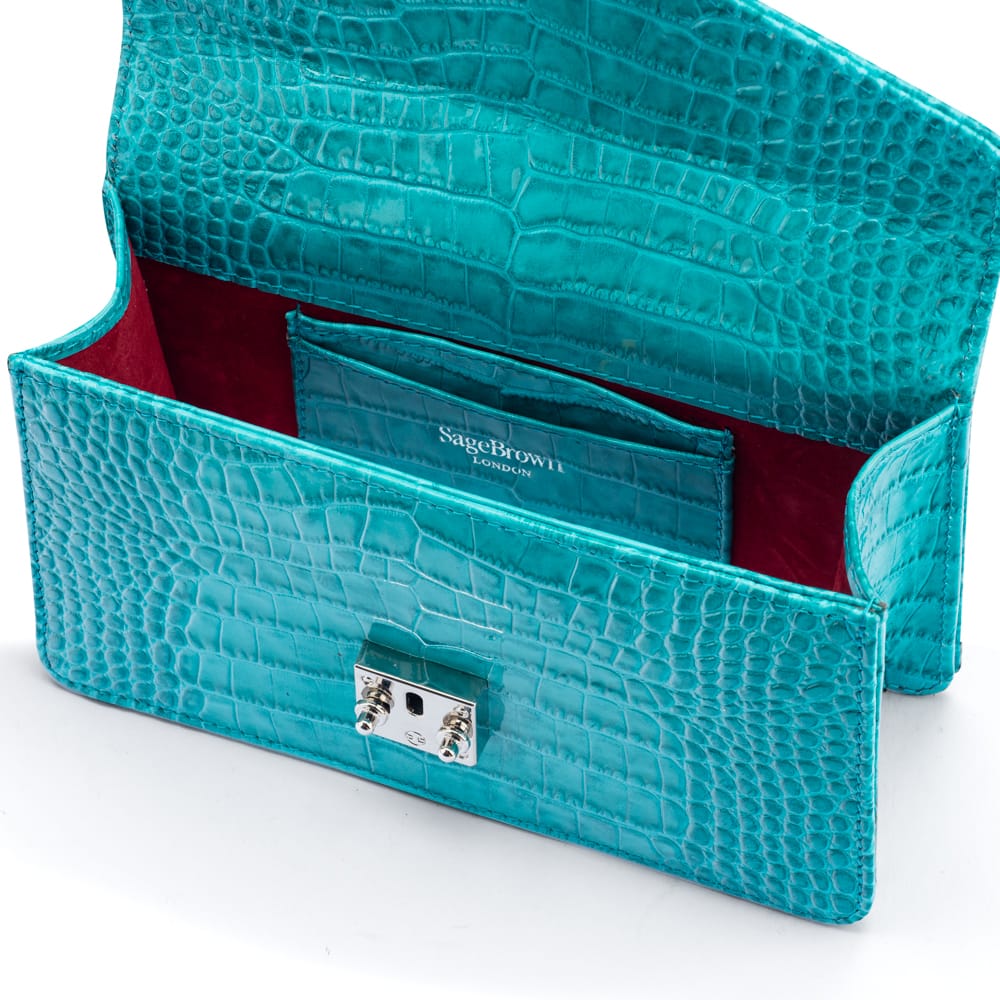 Luxury Leather Maya Top Handle Crossbody Bag, Turquoise Patent Croc, inside