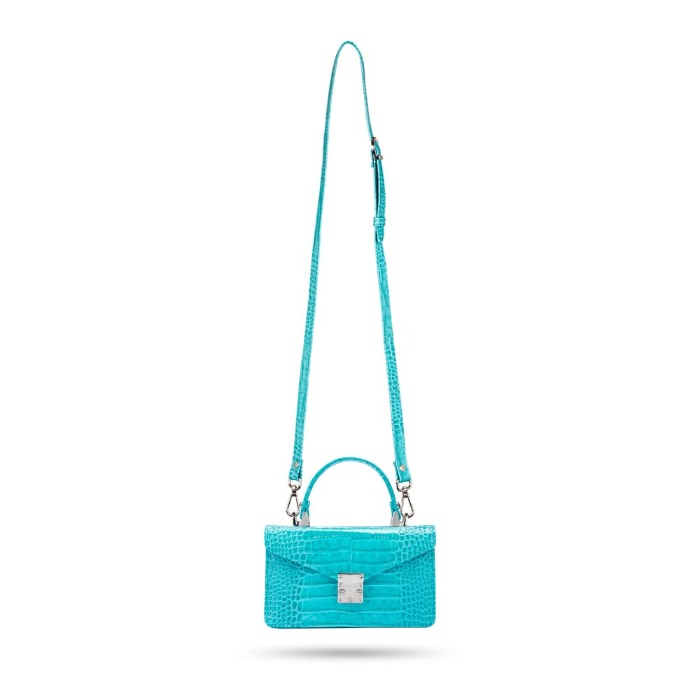 Luxury Leather Maya Top Handle Crossbody Bag, Turquoise Patent Croc, with long shoulder strap