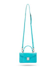 Luxury Leather Maya Top Handle Crossbody Bag, Turquoise Patent Croc, with long shoulder strap