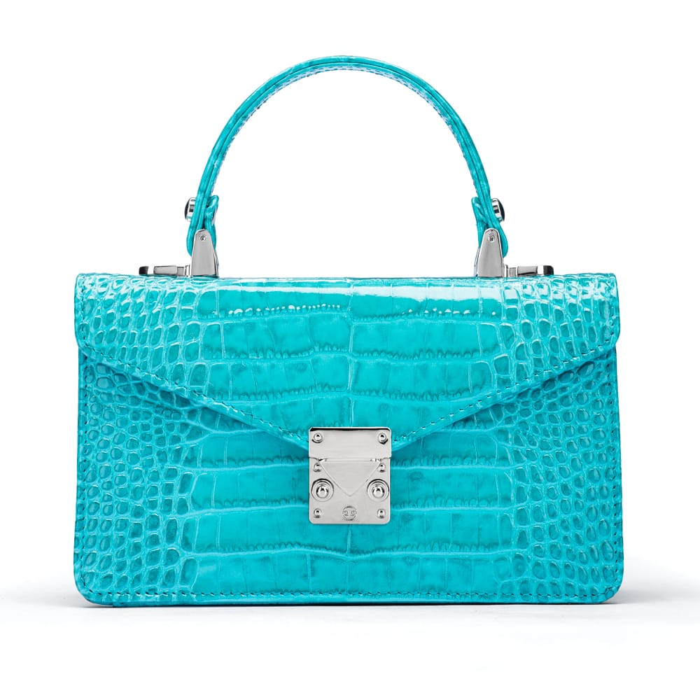 Luxury Leather Maya Top Handle Crossbody Bag, Turquoise Patent Croc, front