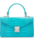 Luxury Leather Maya Top Handle Crossbody Bag, Turquoise Patent Croc, front